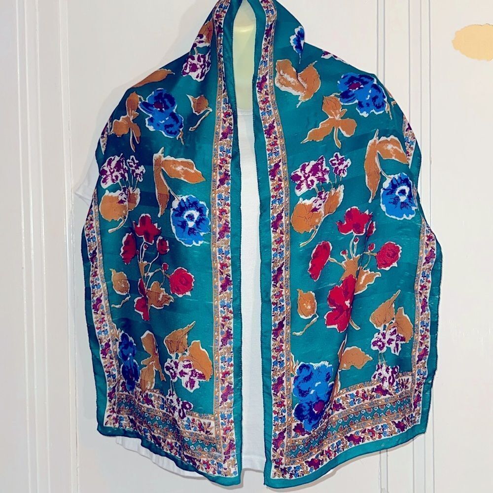 Vtg Berkshire multi color(turquoise, gold & blue) floral long polyester scarf
